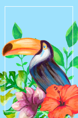 蓝色手绘女装新品热带雨林花鸟背景矢量图背景