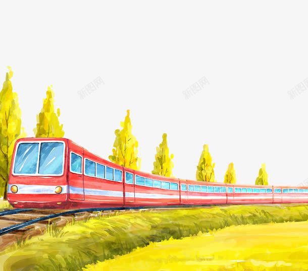 手绘驶来的列车png免抠素材_88icon https://88icon.com 创意卡通 卡通 卡通列车 卡通树 红色 蓝色 黄色