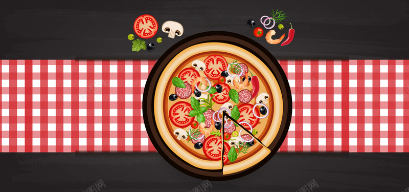 淘宝矢量卡通意大利披萨盘子西红柿蘑菇海报背景