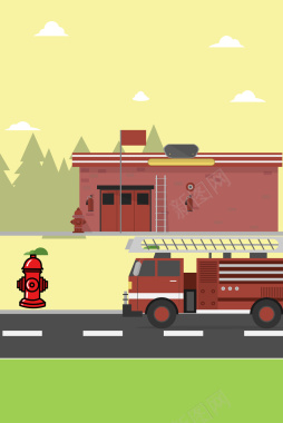 卡通手绘消防安全消防车海报背景图矢量图背景