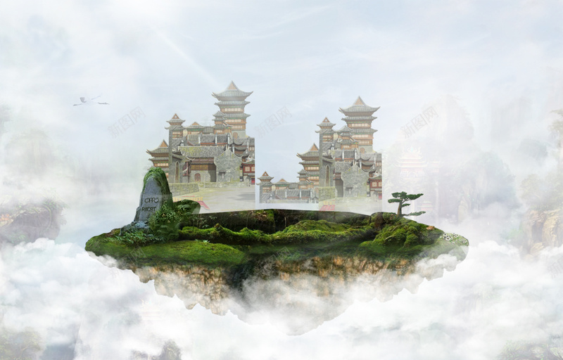 中国风仙境宣传海报背景psd设计背景_88icon https://88icon.com 中国风 云层 仙境 传统建筑 开心 海报 漂浮的石块 背景