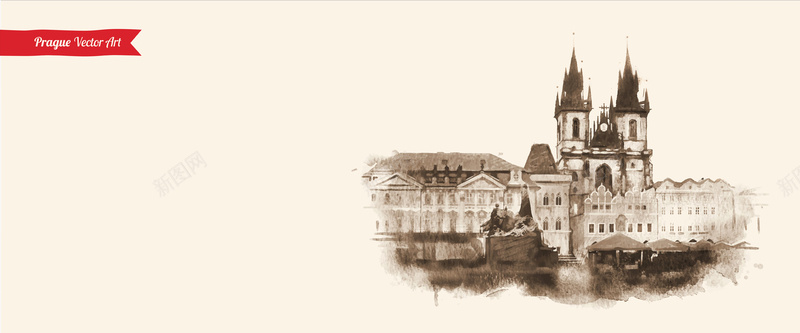 古典欧洲建筑水墨画矢量图背景