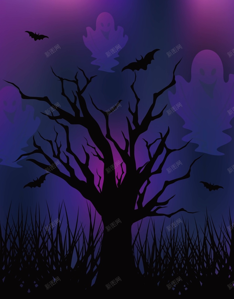 紫色树枝上的鬼怪和蝙蝠背景矢量图ai设计背景_88icon https://88icon.com AI 卡通 恐怖 树枝 海报 矢量素材 紫色 背景 蝙蝠 高清背景设计图 鬼怪 矢量图