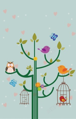 矢量卡通鸟笼中的小鸟绿色树枝上的彩色小鸟背景矢量图高清图片
