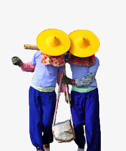 女孩挑西瓜籽两个带黄草帽挑扁担的惠安女孩高清图片