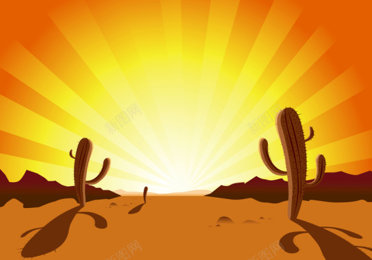 矢量卡通手绘落日沙漠仙人掌背景背景