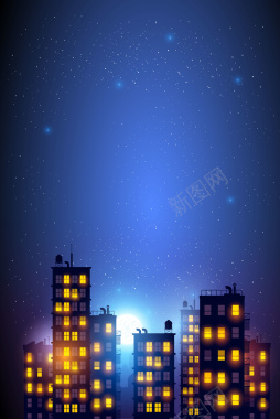 霓虹夜景城市矢量手绘卡通海报背景