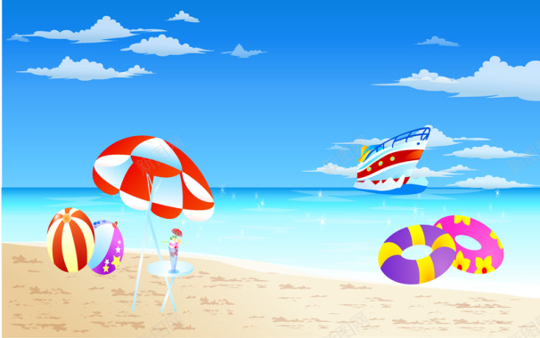 卡通蓝天白云沙滩太阳伞背景矢量图背景
