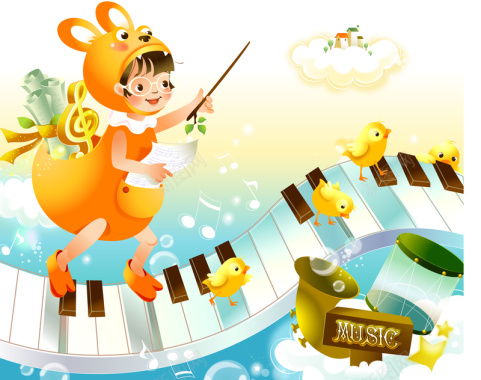 卡通儿童插画绘画音乐钢琴乐园海报背景矢量图背景