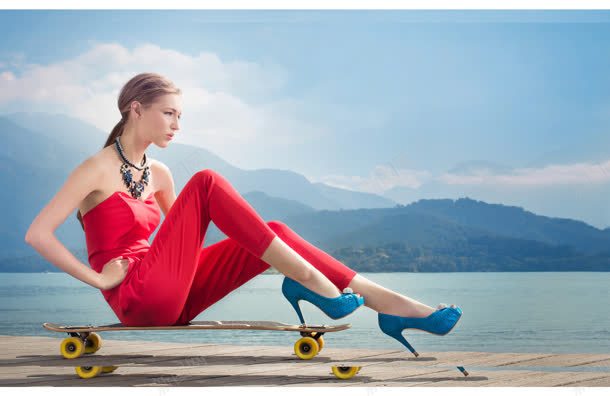 坐太滑板上的红衣女子jpg设计背景_88icon https://88icon.com 女子 滑板 红衣