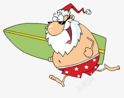 光膀子的圣诞老人夹着帆板船冲浪素材