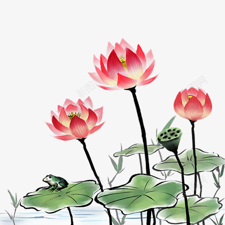 夏季荷花水墨风格psd免抠素材_88icon https://88icon.com 夏天 手绘 绿色 荷花