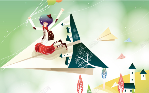 卡通折纸飞机女孩背景矢量图背景