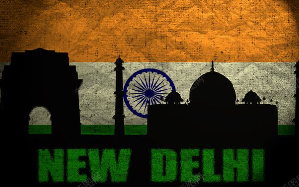 印度国旗与建筑剪影背景