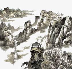 中国风格水墨画山上小亭素材