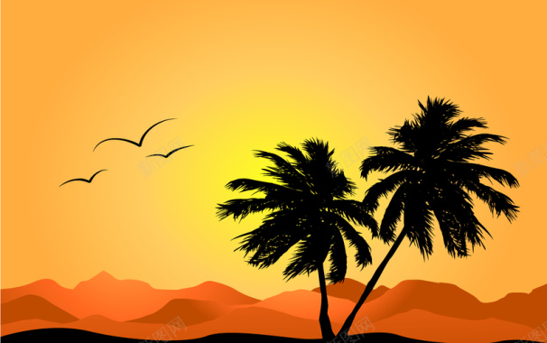 夕阳远山椰树背景矢量图背景