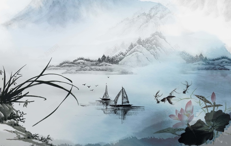 清明节水墨画荷花小船海报背景psd设计背景_88icon https://88icon.com 中国画 中国风清明 古典清明 古风 小船 水墨 清明促销 清明印象 荷花 远山