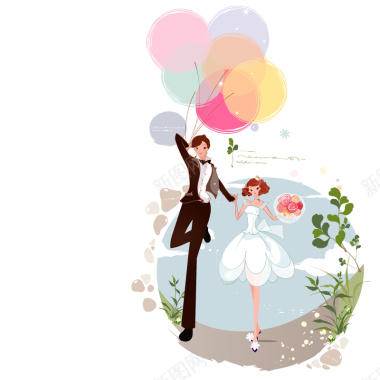 幸福奔跑的新郎新娘气球矢量背景