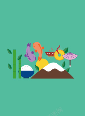 日式鲤鱼火山与竹子绿色背景矢量图背景