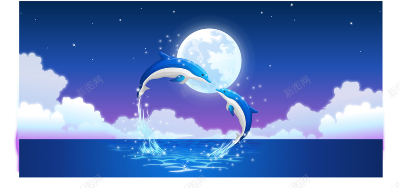 海上升明月海豚浪花背景矢量背景