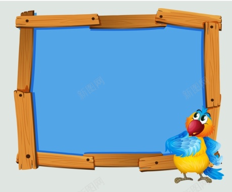 矢量蓝色卡通木板边框鹦鹉背景背景