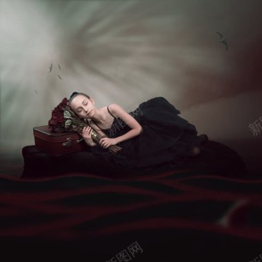 黑衣女孩玫瑰花睡着背景
