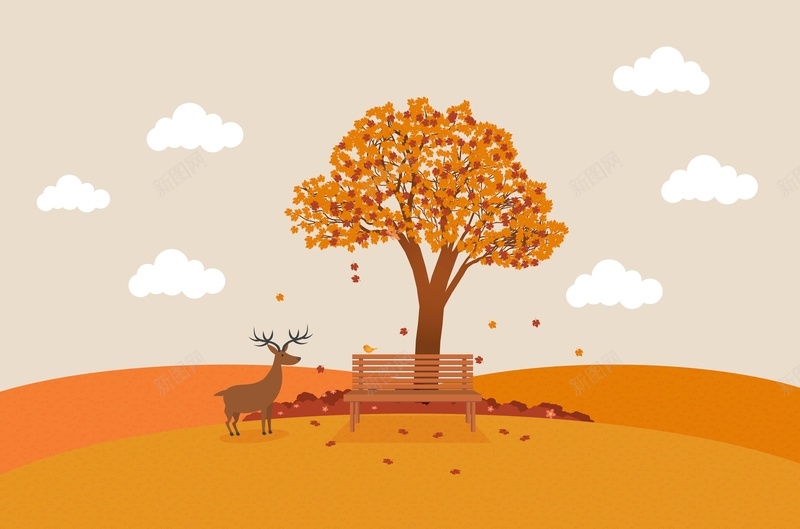 秋天风景与树和鹿的背景矢量ai设计背景_88icon https://88icon.com 卡通背景 卡通风景 树 橙色 秋天的风景 秋天风景海报背景 素材 背景矢量 风景 风景背景 鹿 矢量图