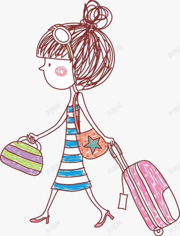 手绘拉着行李箱的女孩png免抠素材_88icon https://88icon.com 卡通女孩 手绘女孩 提着包的女孩 旅行箱的人 行李箱