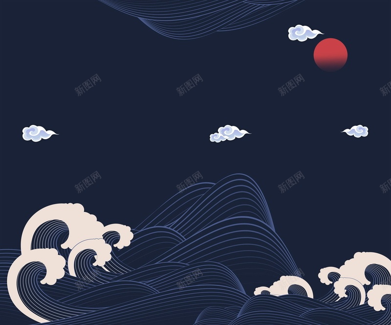 蓝色线条浪花海浪psd设计背景_88icon https://88icon.com 150PPI PSD源文件 云朵 分层文件 夜晚 平面设计 月亮 浪花 海浪 线条 蓝色