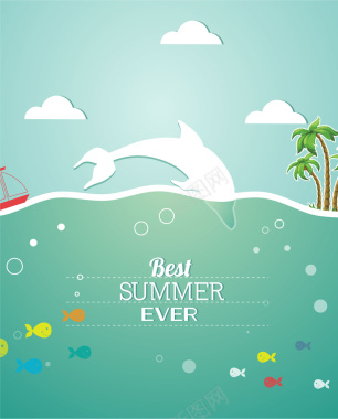 夏季小清新海豚椰树小鱼几何背景矢量图背景