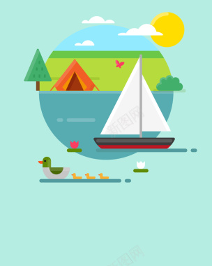 扁平绿色帆船海报背景矢量图背景