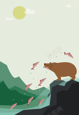 捕食鲑鱼的棕熊海报背景矢量图背景