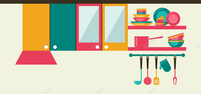 淘宝矢量卡通彩色厨房橱柜盘碗家居海报背景背景