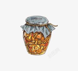 手绘卡通一罐小蘑菇咸菜素材