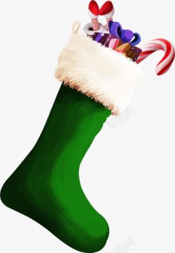 手绘绿色圣诞袜里的礼物素材