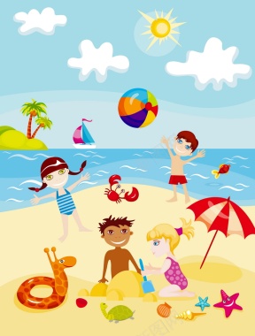 小孩沙滩玩耍矢量图背景