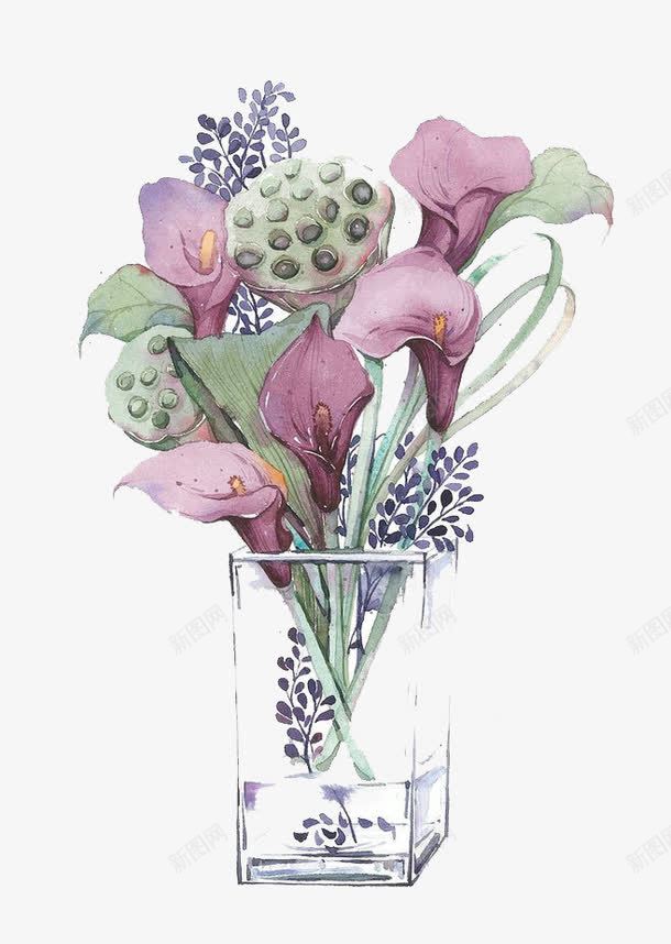 水彩鲜花png免抠素材_88icon https://88icon.com 卡通 手绘 水彩 紫色 绿色 藕 装饰 鲜花