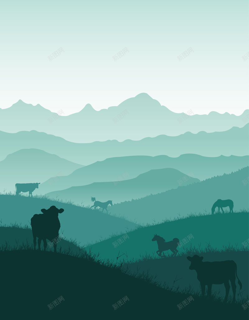 山坡上的牛马剪影海报背景矢量图ai设计背景_88icon https://88icon.com 剪影 山坡 开心 扁平化 海报 渐变 牛 矢量 素材 背景 马 矢量图