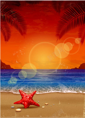 椰子树海滩贝壳沙滩海报背景矢量图背景