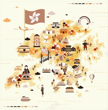 香港手绘旅行扁平风格背景模板矢量图背景