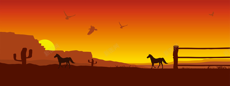 夕阳下的野马广告背景矢量图背景