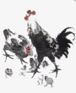 鸡子水墨画两只芦花鸡高清图片