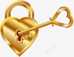 金锁手绘手绘金色心形钥匙金锁高清图片