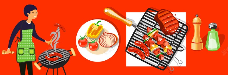 淘宝美食矢量卡通烧烤厨师调料西红柿海报背景