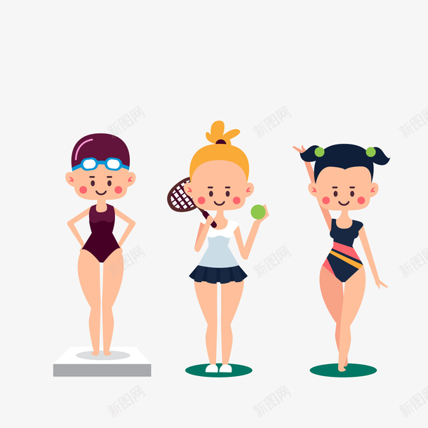 卡通女运动员矢量图ai免抠素材_88icon https://88icon.com 卡通女孩 女运动员 游泳 网球女孩 运动人物 矢量图