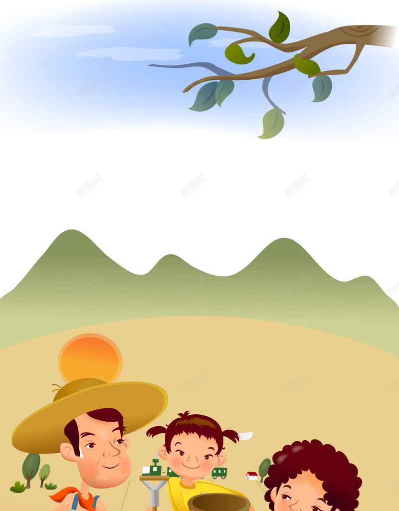 农田里的农民H5背景矢量图ai设计背景_88icon https://88icon.com H5素材 五一节 农民 劳动 帽子 朴实 树叶 树枝 清新 远山 黄色土地 矢量图