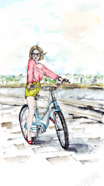 手绘骑自行车的女生矢量图背景