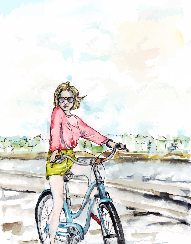 手绘骑自行车的女生矢量图ai设计背景_88icon https://88icon.com 人物 卡通 可爱 女生 手绘 插画 水彩绘 背景 骑自行车 矢量图