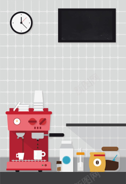 扁平化咖啡机和餐具海报背景矢量图背景