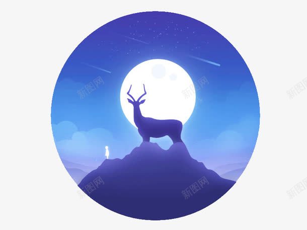 月光下的长颈鹿png免抠素材_88icon https://88icon.com 扁平化插画 蓝色月光 长颈鹿